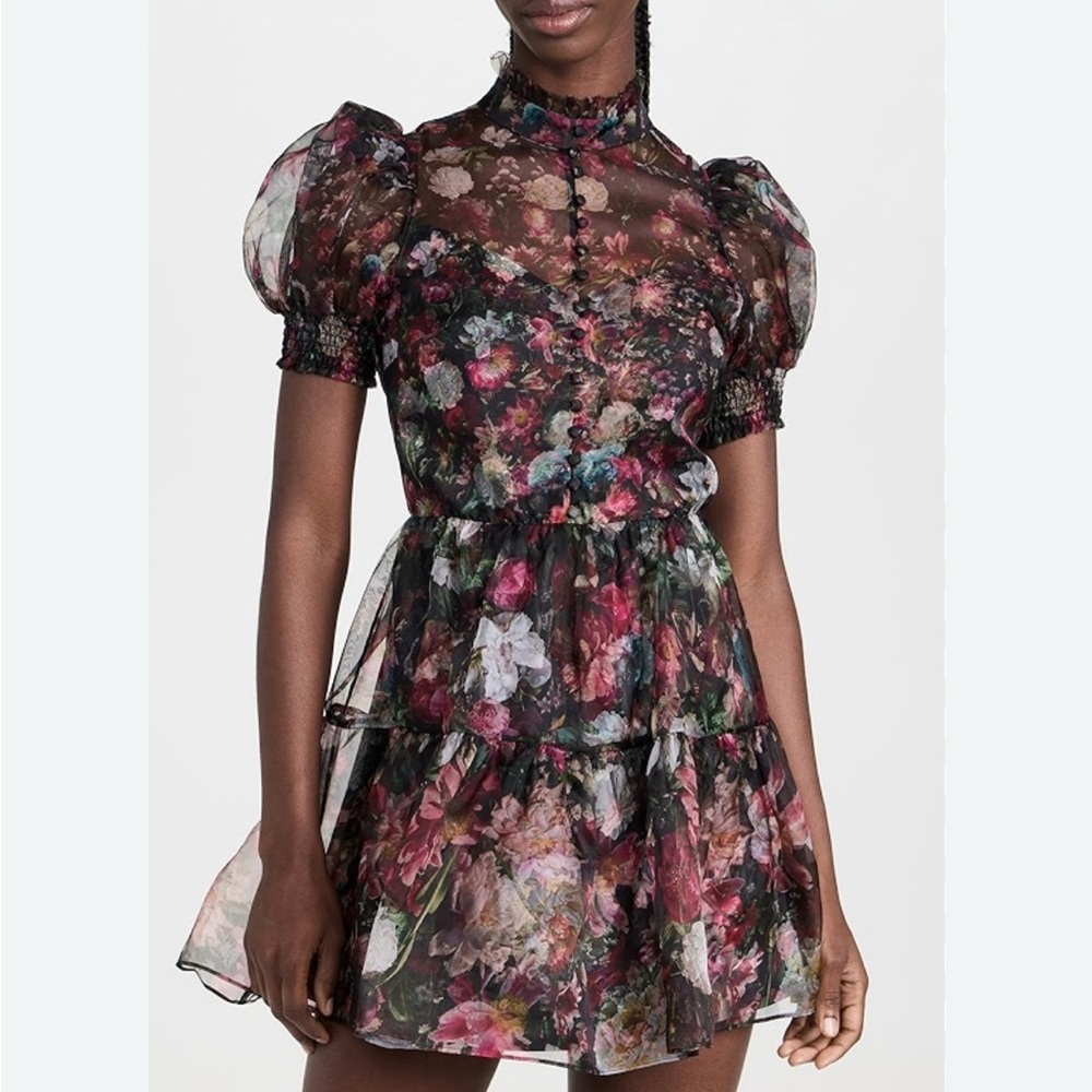 Alice + Olivia Sheer Floral Mini Dress - Black and Pink